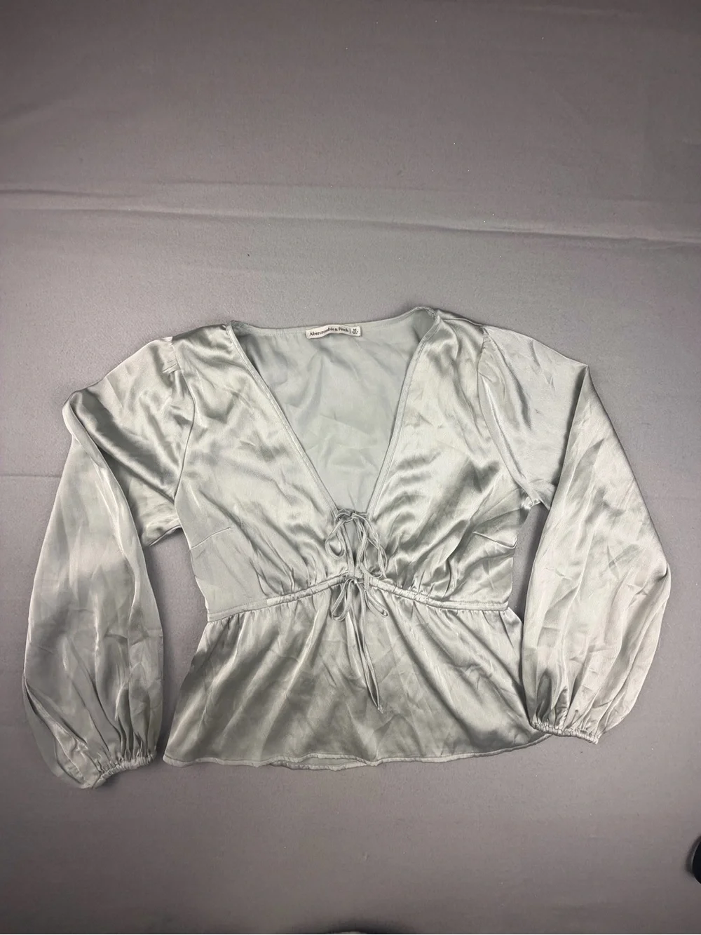Abercrombie & Fitch Silver Satin V-Neck Tie-Front Blouse